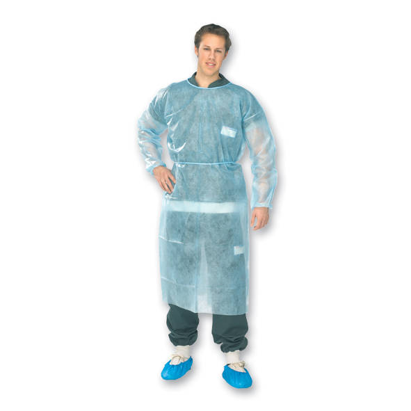 Person wearing blue isolation gown